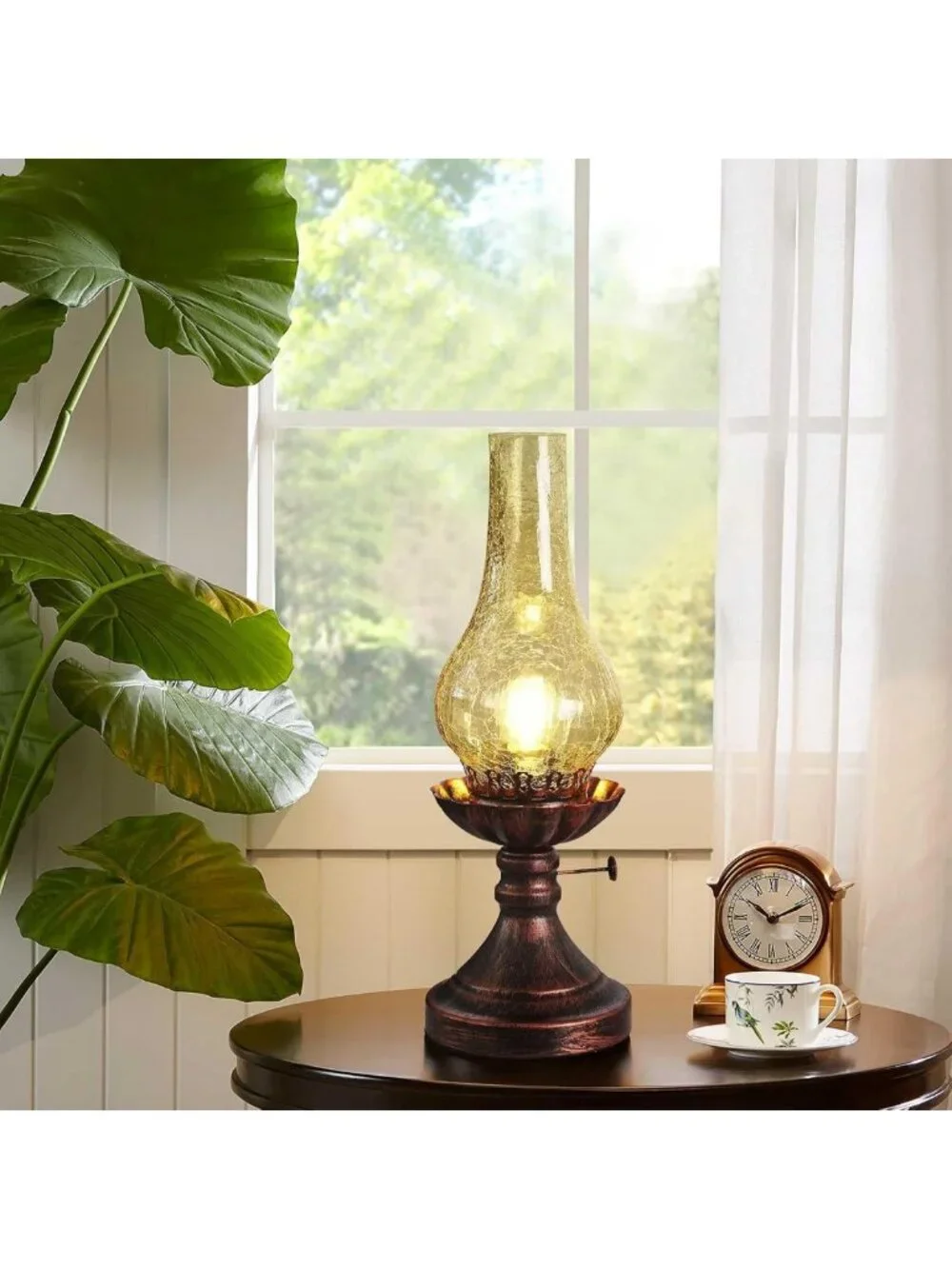 Vintage Rustic Table Lamp - Antique Crackled Glass Farmhouse Desk Light for